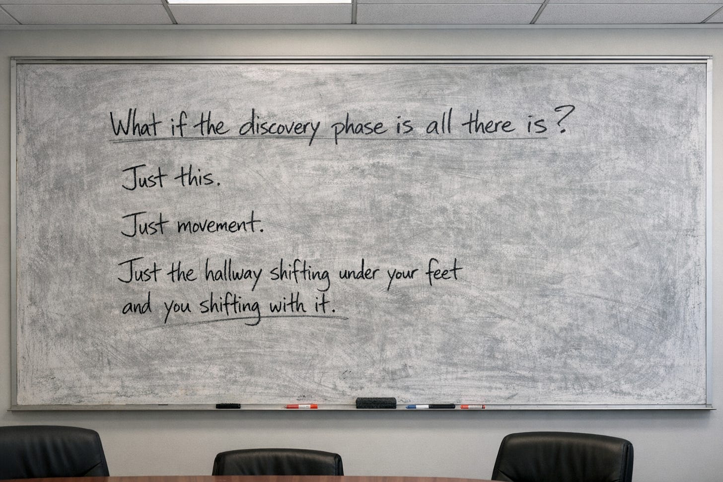 On the wall in a conference room, in what looks like a massive office building:
_[Found written in crazy handrwiting on a whiteboard that had been erased and rewritten so many times that the surface was permanently gray.]_

What if the discovery phase is all there is? 

Just this. 

Just movement. 

Just the hallway shifting under your feet and you shifting with it.