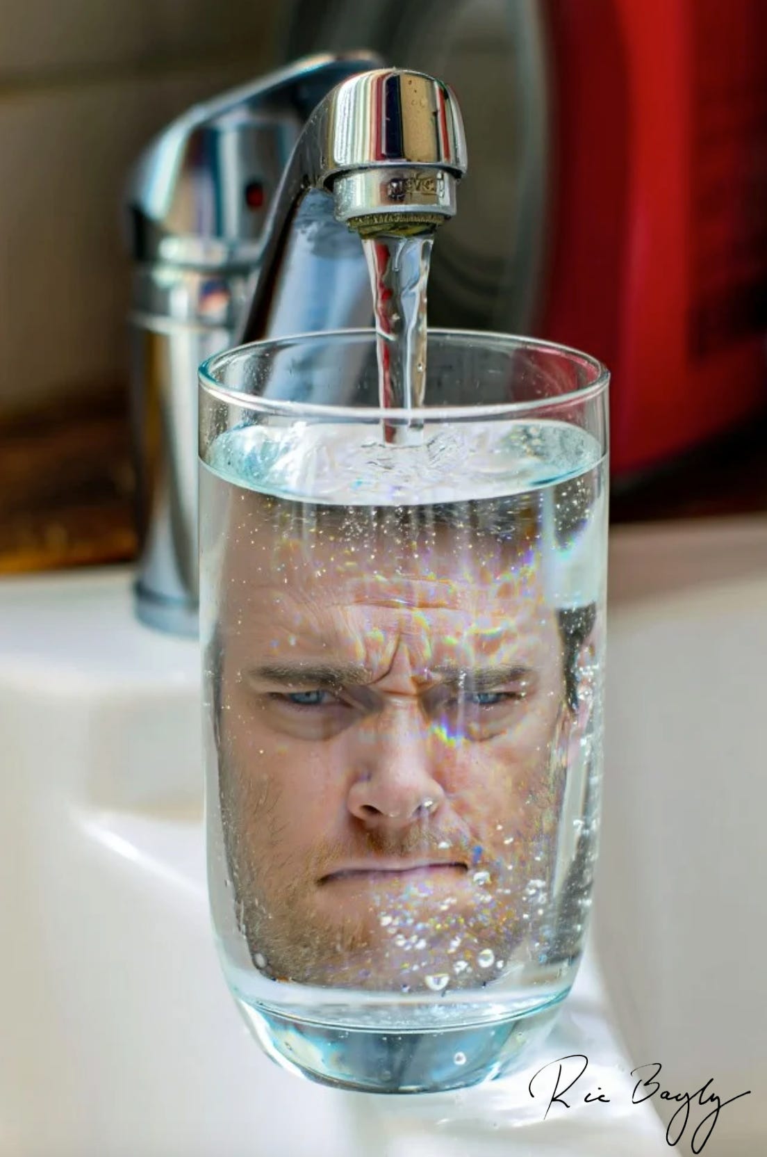 Tap water from a kitchen faucet pouring into a glass. The glass has the head of a man in it. The man has a worried look and a furrowed brow.