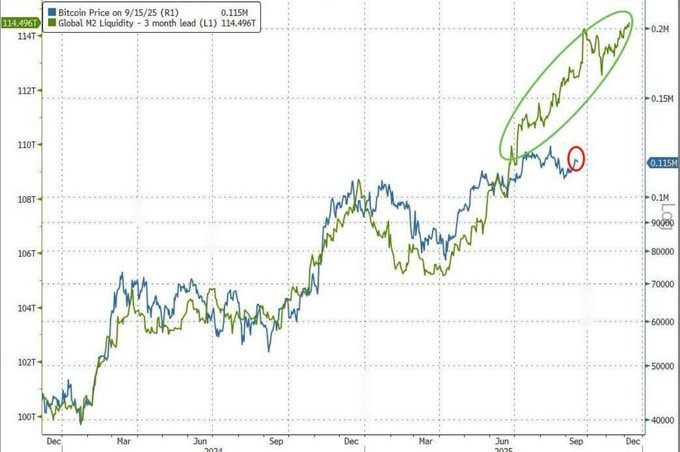 A line graph displaying Bitcoin price trends over time, with two lines: one blue for Bitcoin price on 9/15/2023 (0.013) and one green for HD Liquidity, 3-month lead (111,148). The x-axis shows dates from January to December, and the y-axis ranges from 0 to 12,000. A green oval highlights an upward trend, and a red flag marks a specific point on the graph.