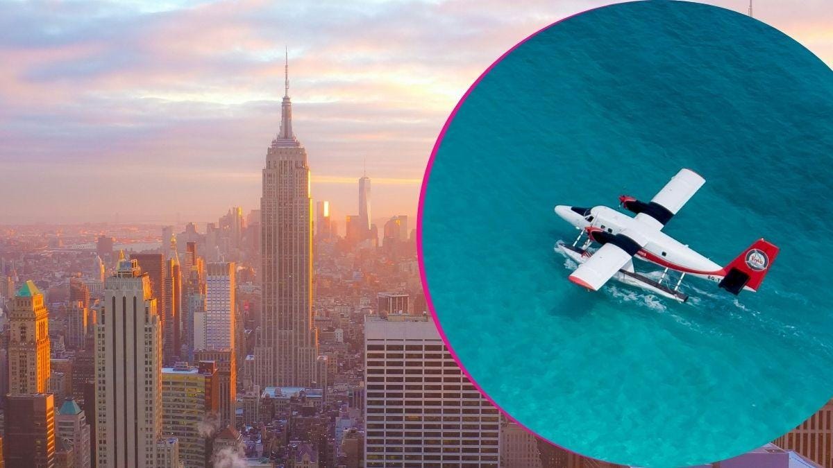 split image of New York City; seaplane in the water split image of New York City; seaplane in the water