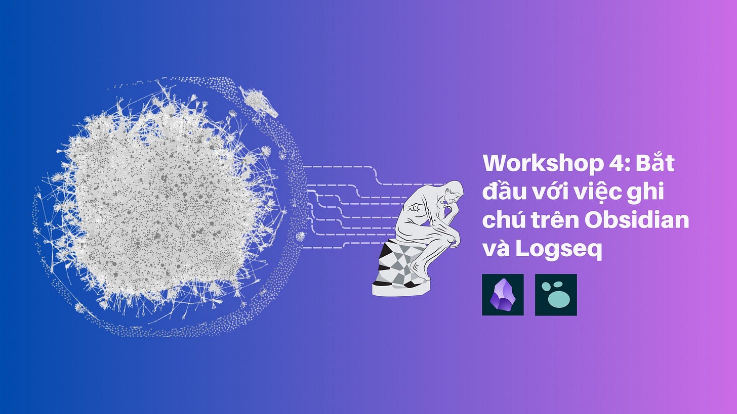 Có thể là đồ họa về văn bản cho biết 'Workshop Workshop4:Bắt 4: Bắt đầu với việc ghi chú trên Obsidian và Logseq'