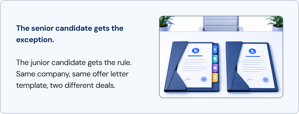 Two offer folders illustrating different terms for senior and junior candidates. Side-by-side offer letters representing different flexibility for candidates.