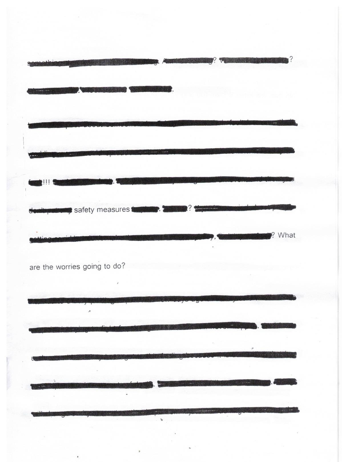 Most of the text has been scribbled out. The legible parts read: ‘!!!’, ‘safety measures’, ‘What are the worries going to do?’