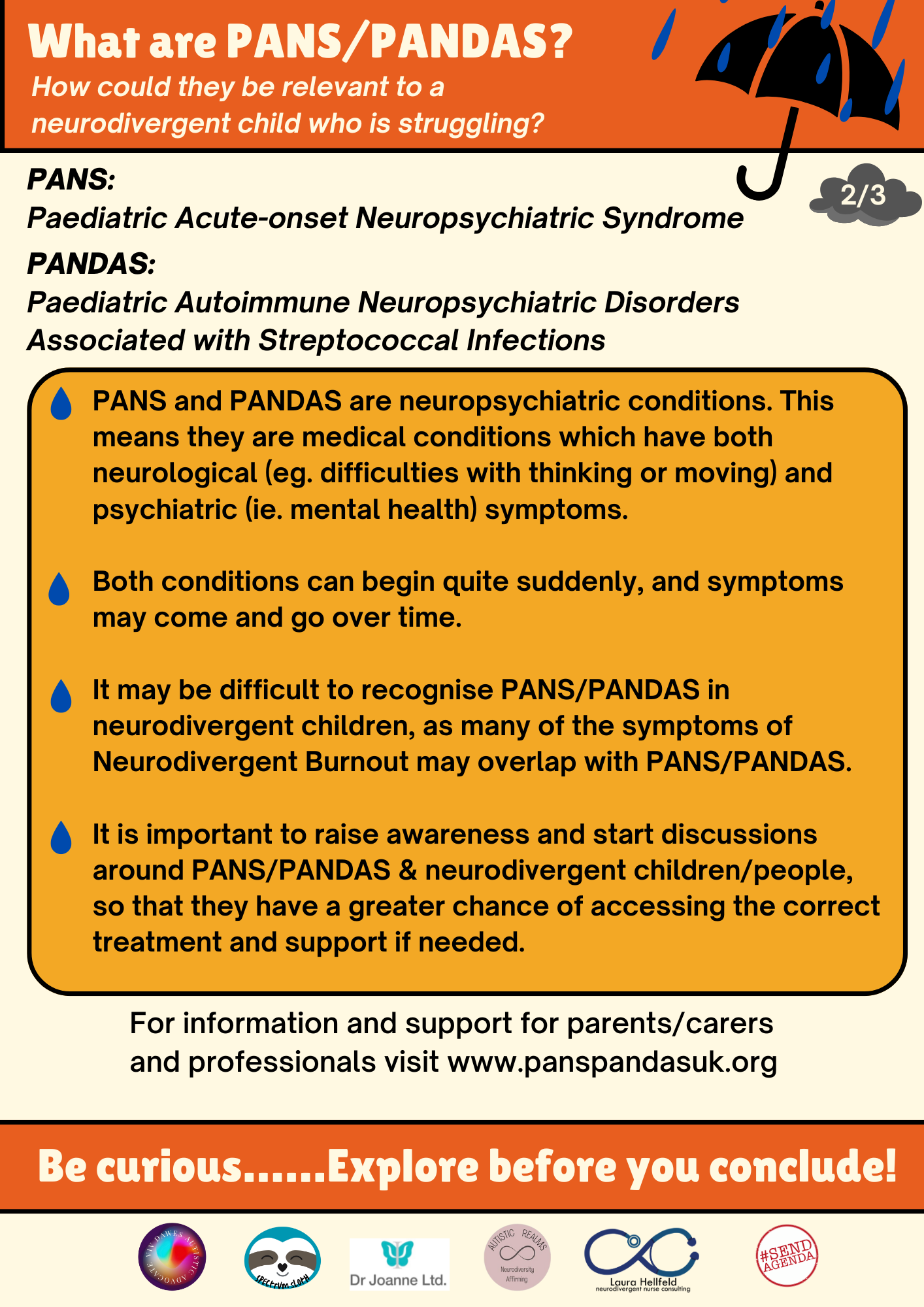 Image of umbrella with text in orange and yellow boxes: What are PANS/ PANDAS? How could they be relevant to a neurodivergent child who is struggling? PANS: Paediatric Acute-onset Neuropsychiatric Syndrome PANDAS: Paediatric Autoimmune Neuropsychiatric Disorders Associated with Streptococcal Infections 13 PANS and PANDAS are neuropsychiatric conditions. This means they are medical conditions which have both neurological (eg. difficulties with thinking or moving) and psychiatric (ie. mental health) symptoms. Both conditions can begin quite suddenly, and symptoms may come and go over time. • It may be difficult to recognise PANS/PANDAS in neurodivergent children, as many of the symptoms of Neurodivergent Burnout may overlap with PANS/PANDAS. It is important to raise awareness and start discussions around PANS/PANDAS & neurodivergent children/people, so that they have a greater chance of accessing the correct treatment and support if needed. For information and support for parents/carers and professionals visit www.panspandasuk.org Be curious......Explore before you conclude!