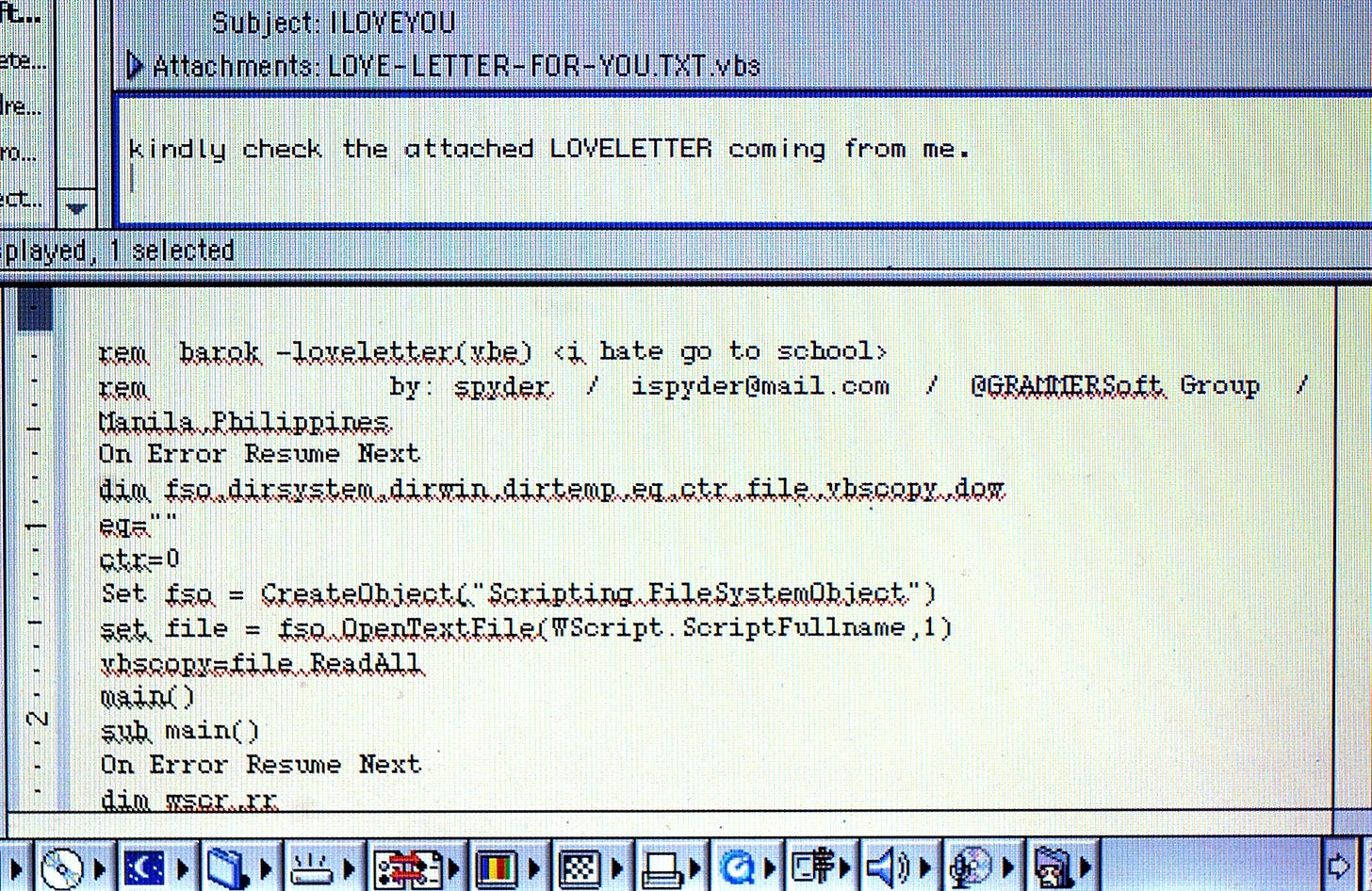 Showing the source code for the script for ILOVEYOU