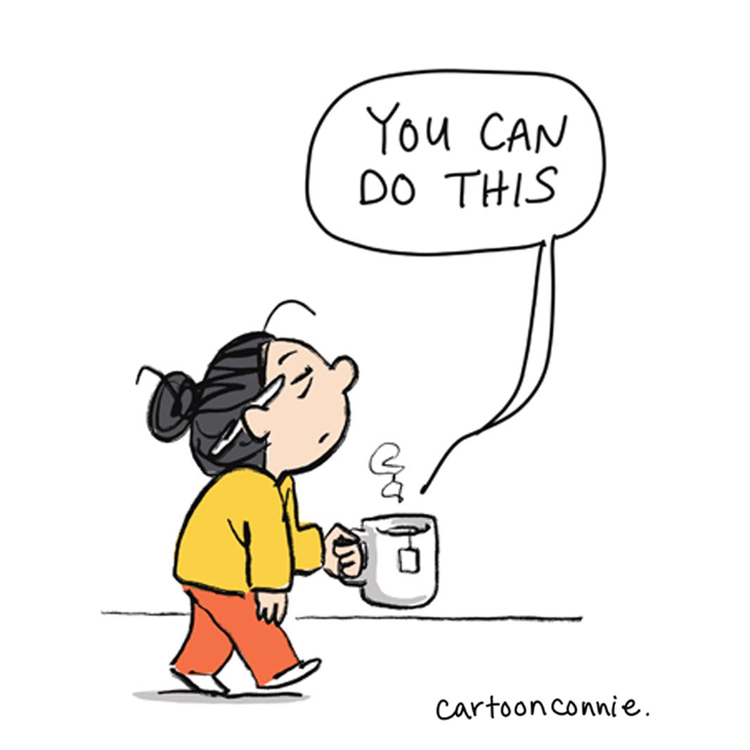 Illustration of a cartoon girl with a large mug of tea. Excerpt from a comic strip titled "Pep Talk in a Cup," 2025. Original art by Connie Sun, cartoonconnie