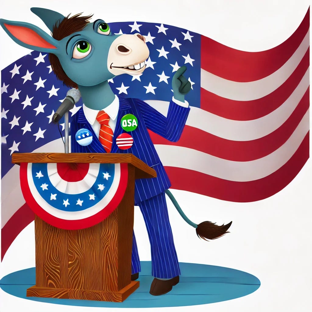 A whimsical and colorful illustration of a political donkey wearing a suit and tie, standing at a podium with an American flag in the background. The donkey has a confident expression, with one hoof raised as if making a passionate speech, and campaign buttons pinned to its suit.