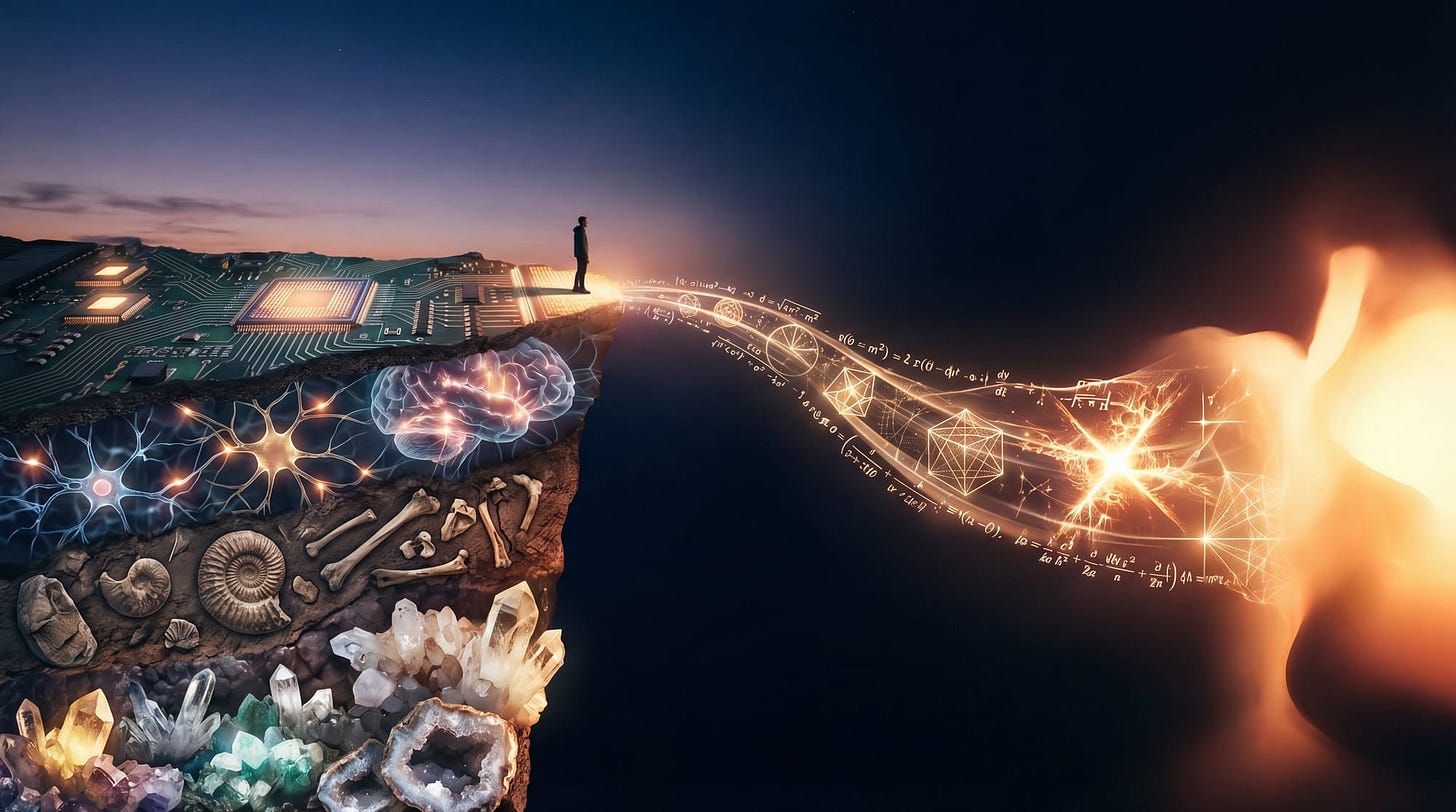 A figure on layered strata of mineral, fossil, neural tissue, and silicon faces a luminous mathematical bridge reaching toward light A figure on layered strata of mineral, fossil, neural tissue, and silicon faces a luminous mathematical bridge reaching toward light