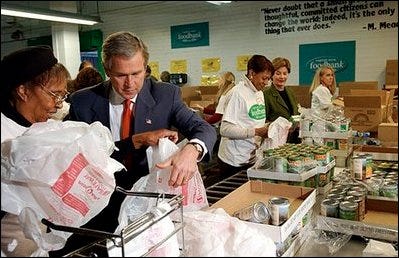 Left: President George W. Bush Freedom Corps | Right: George W. Bush serves at a food pantry