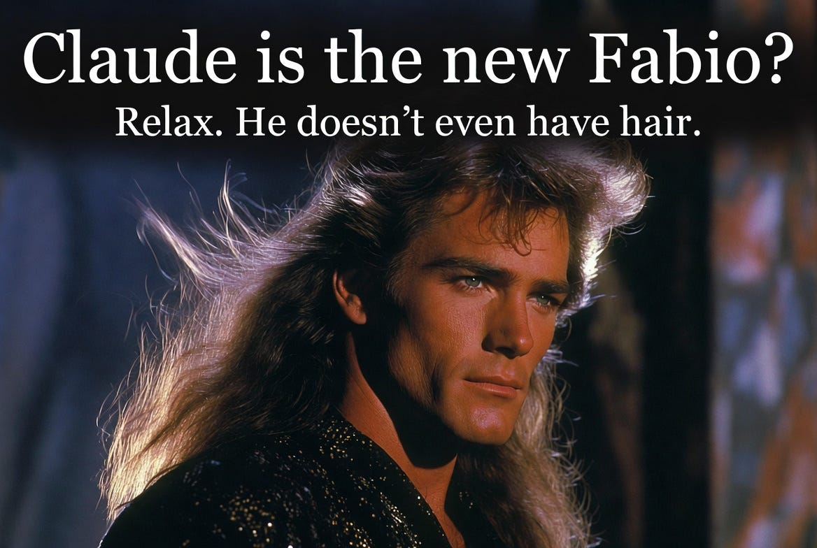 A male model in 1980s style, posing as a book cover character with humorous text overlay.