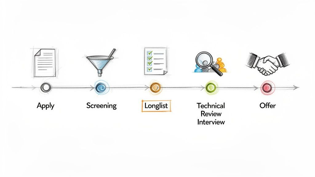 A sketch illustration of a five-step recruitment process: apply, screening, longlist, technical review, and offer stages. A sketch illustration of a five-step recruitment process: apply, screening, longlist, technical review, and offer stages.