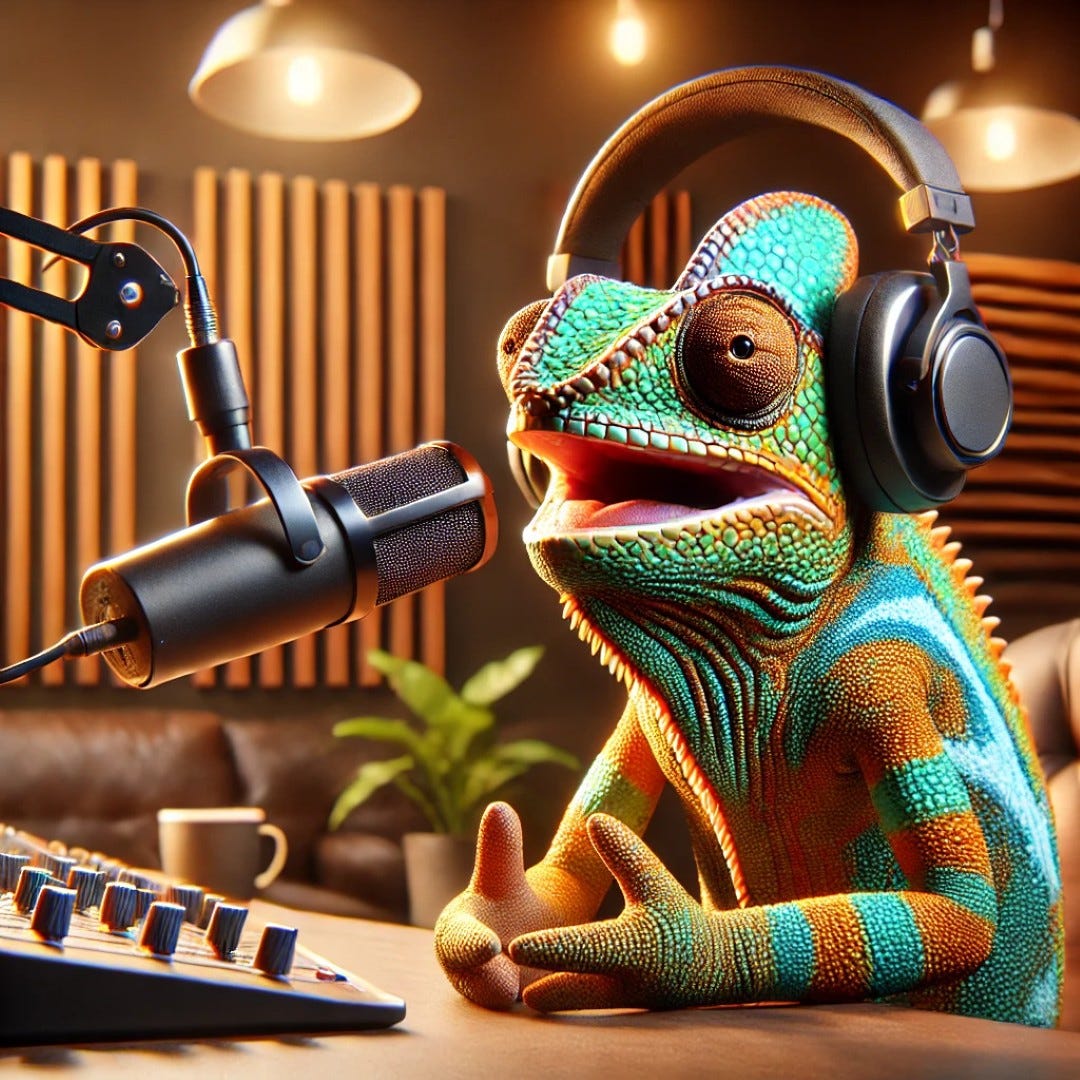 A realistic chameleon hosting a podcast in a modern studio, with headphones on and speaking into a high-quality microphone. The Social Chameleon Show Podcast