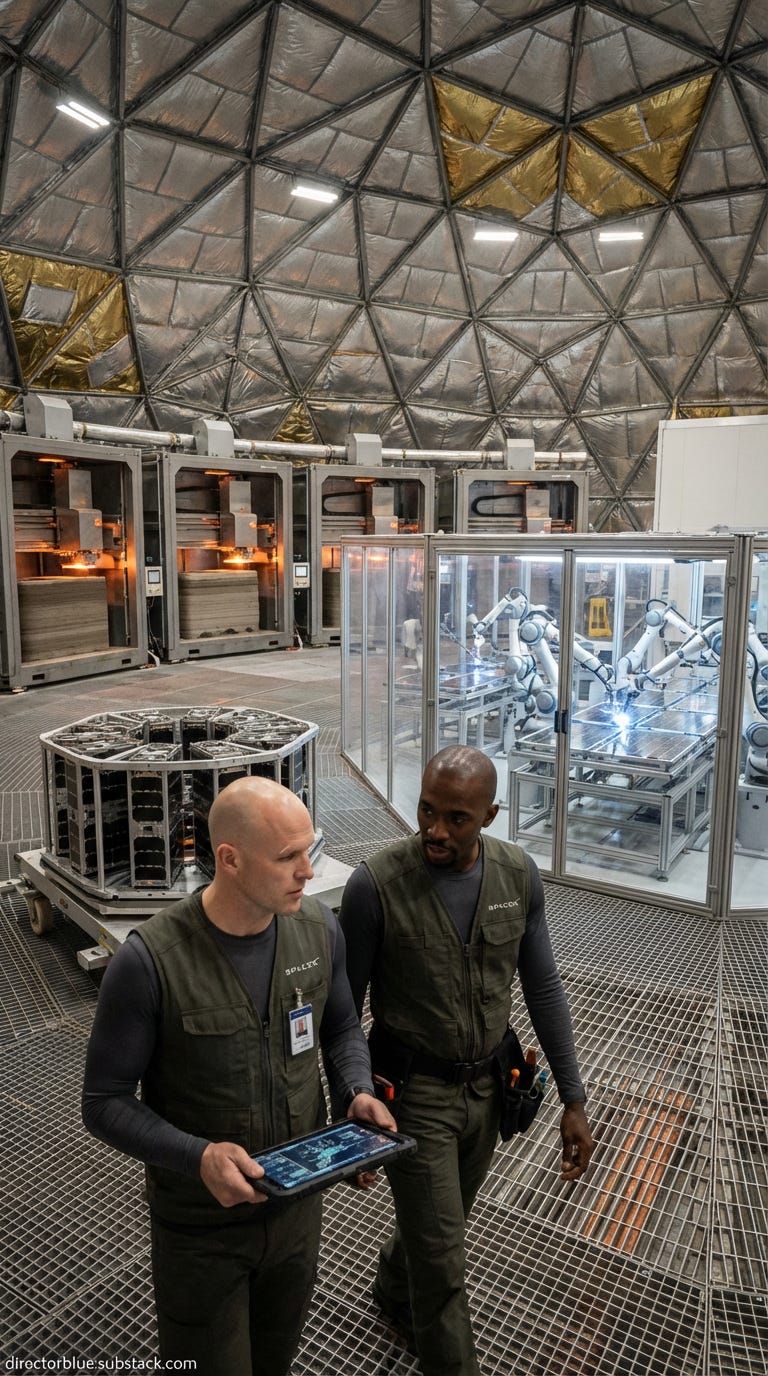 Hyper-detailed 9x16 photographic image promptUltra-realistic photographic scene 9x16 vertical format Interior of a massive 60-meter-diameter geodesic fabrication dome on the Moon High ceiling at 20 meters with visible triangular geodesic str_image_1