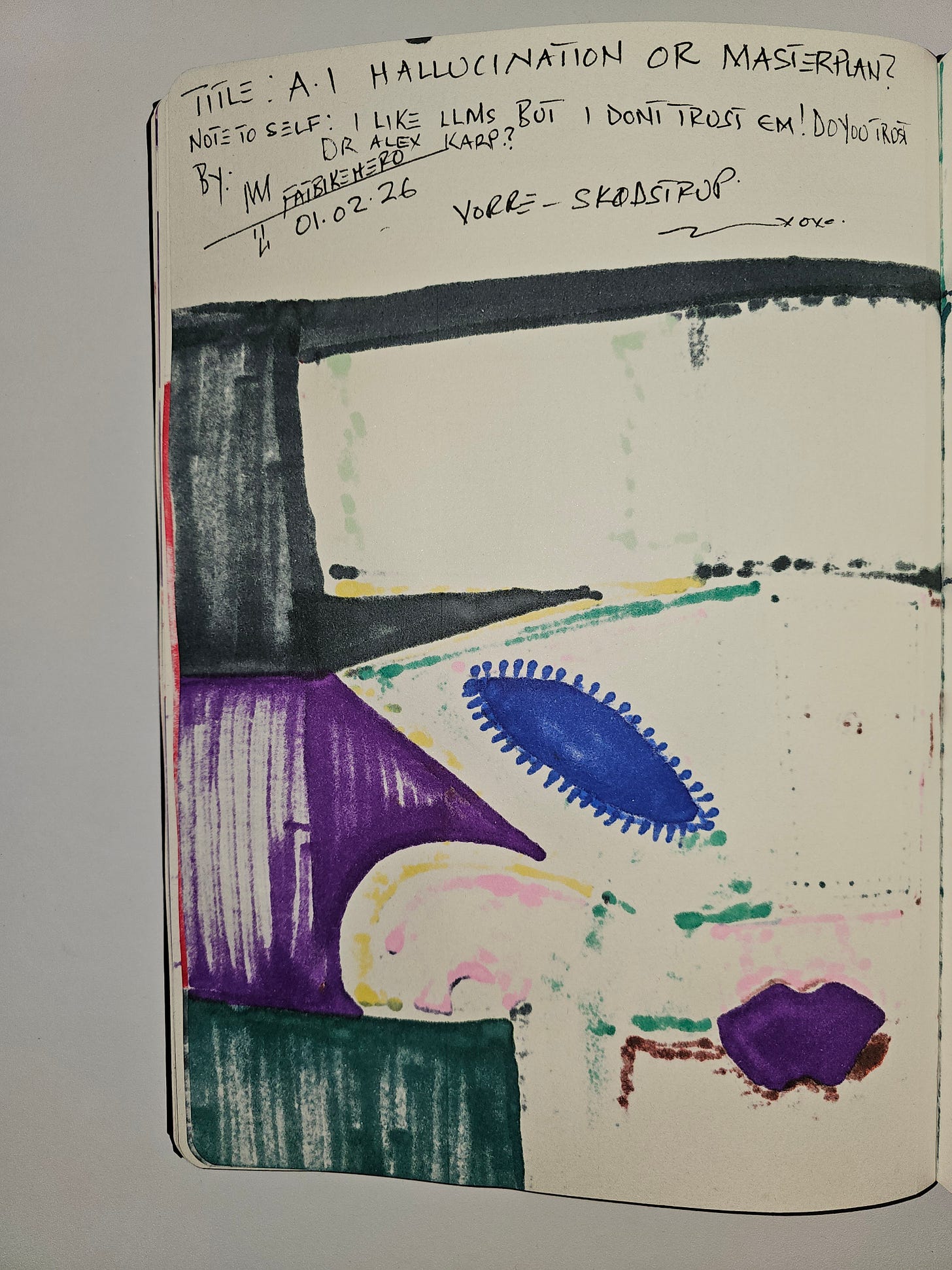 Mixed-media abstract artwork featuring stitched compartments, spirals, a stylized eye, fragmented facial forms, and handwritten text critiquing artificial intelligence’s confidence and hallucinations. Mixed-media abstract artwork featuring stitched compartments, spirals, a stylized eye, fragmented facial forms, and handwritten text critiquing artificial intelligence’s confidence and hallucinations.