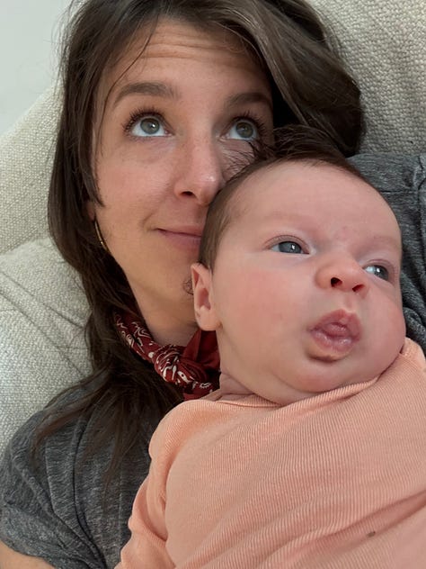 three photos of meg holding her 3-week old niece. meg attempts to mirror the same faces Charlie makes in every picture. they look alike - dark hair, light eyes.