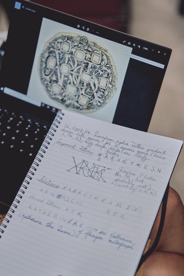 Braganza decoded a cipher pendant by Hans Holbein that entangled the names Henry VIII and his first wife, Catherine of Aragon. Braganza decoded a cipher pendant by Hans Holbein that entangled the names Henry VIII and his first wife, Catherine of Aragon.