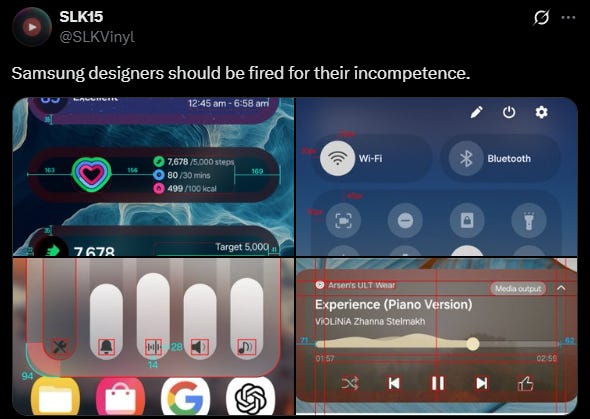 Um tweet do usuário SLKVinyl dizendo que os designers da samsung deveriam ser demitidos por incompetência, e uma série de prints e imagens demonstrando falta de alinhamento nos componentes de interfaces de produtos da samsung.