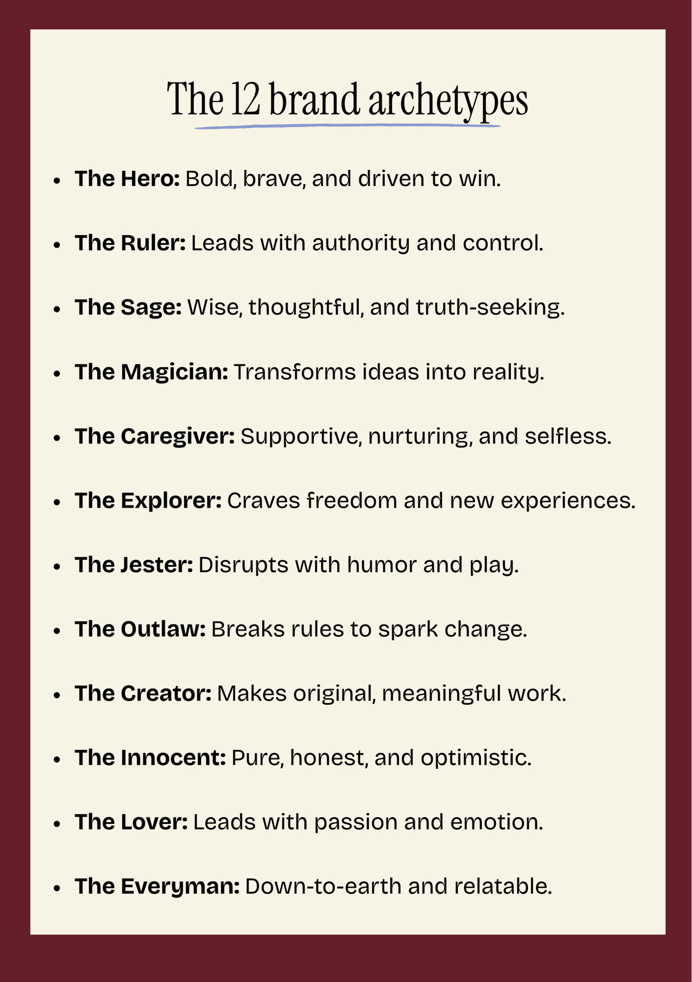 A graphic titled "The 12 brand archetypes" on a cream background with a dark red border. Each archetype is listed in bold, followed by a short description. The descriptions are listed below the image.