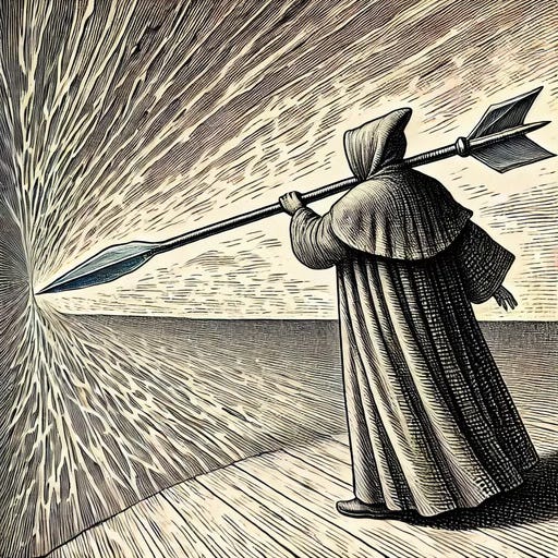 GPT-4o (guided): The image shows a cloaked figure standing on a wooden floor, holding a large spear or arrow. The spear appears to be pressing against the "fabric" of the distant horizon, stretching and distorting it as if it's about to puncture or tear through. The horizon itself is warped, with lines radiating from the point of contact, emphasizing the tension. The figure stands firm, their posture suggesting intent and focus. The artwork, rendered in a woodcut or engraving style, uses detailed linework to create a sense of pressure and distortion, blending elements of mysticism and surrealism.