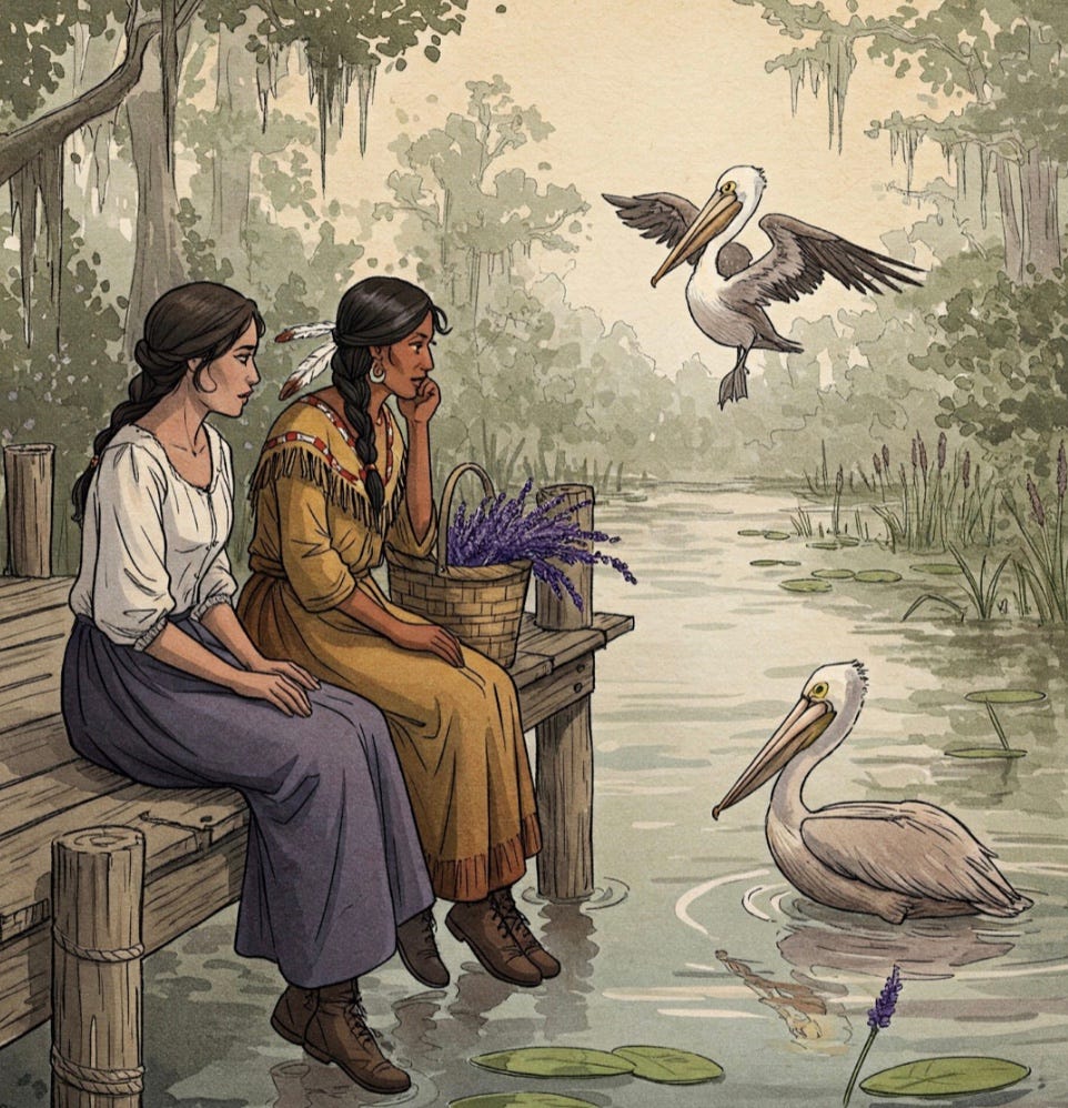 Image of two women sitting on a wooden dock watching pelicans. Image of two women sitting on a wooden dock watching pelicans.