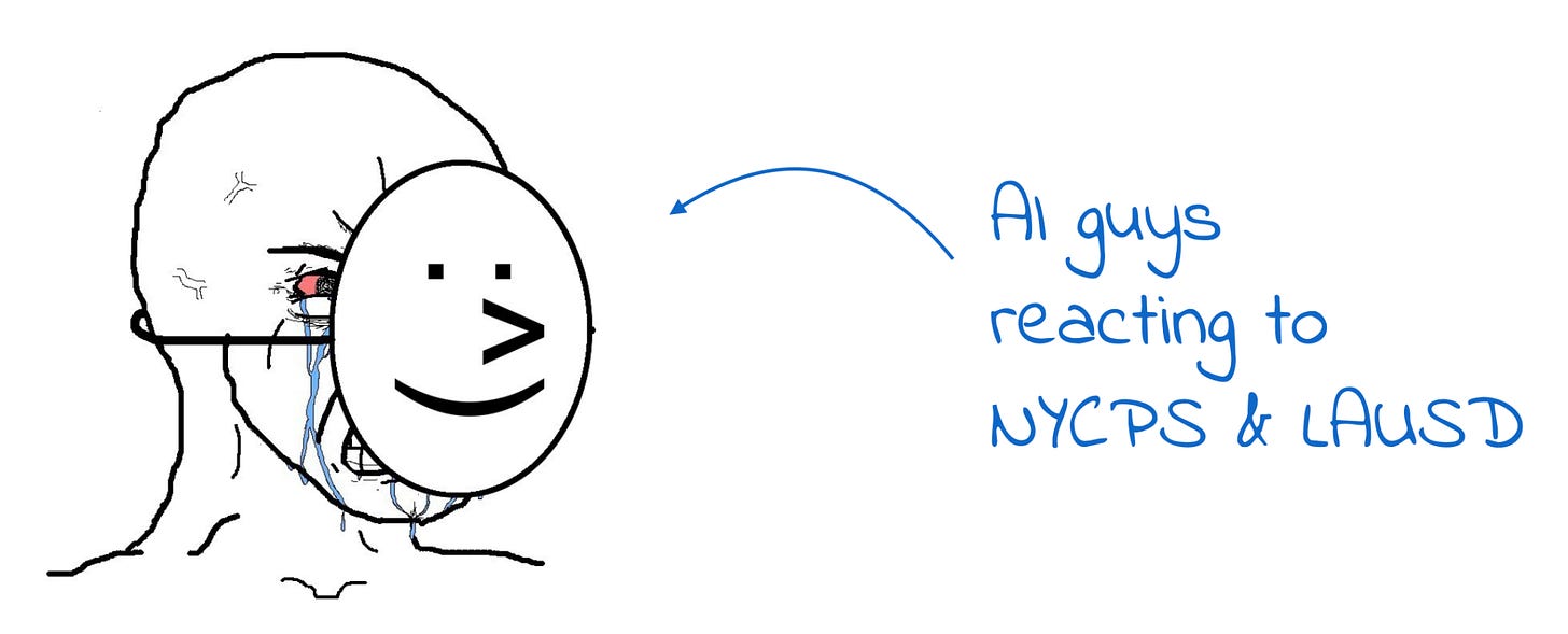 A meme with a sobbing face wearing a happy face and an arrow saying "AI guys reacting to NYC & LAUSD"
