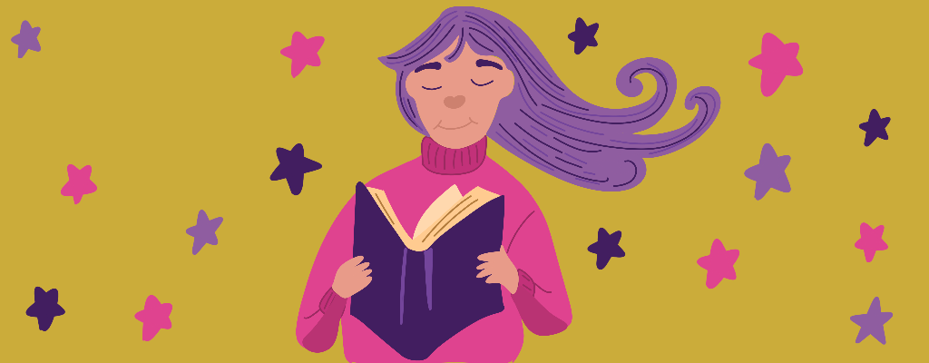 Digital illustration of a woman with purple hair and a pink sweater reading a book surrounded by stars.