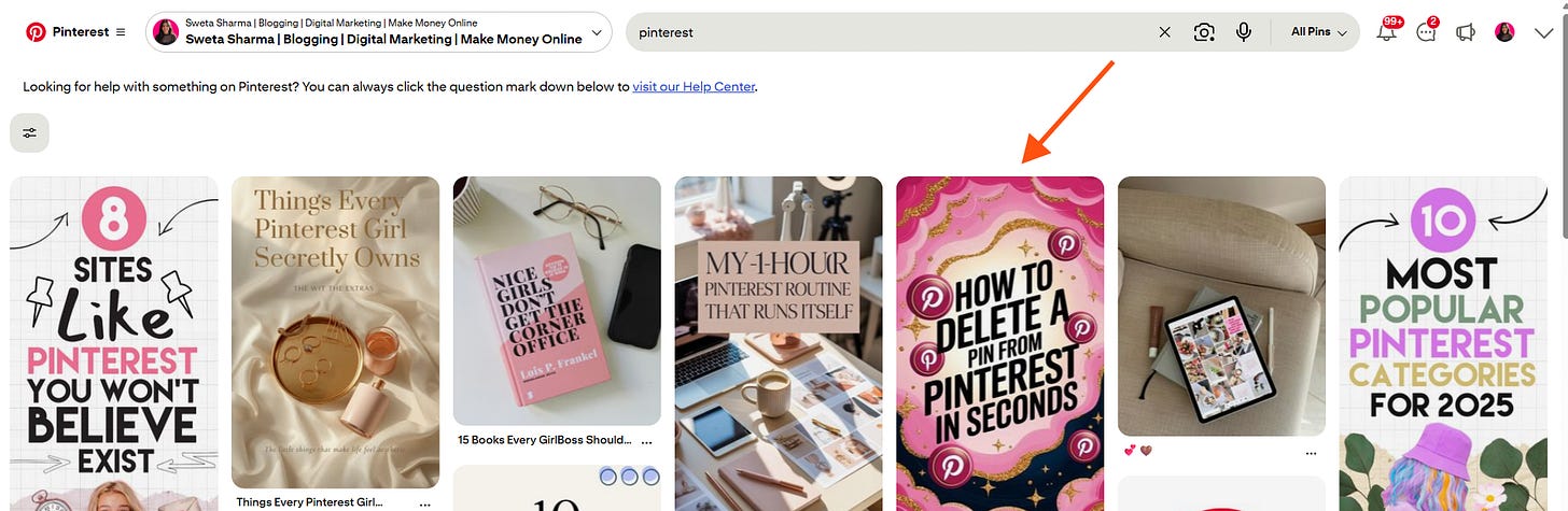 Pinterest home feed search results with an arrow pointing to a pin, showing how to identify unwanted Pinterest content and clean up your feed. Pinterest home feed search results with an arrow pointing to a pin, showing how to identify unwanted Pinterest content and clean up your feed.