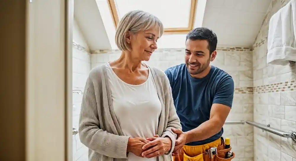 A man installing a safety bar in a senior woman's shower. A man installing a safety bar in a senior woman's shower.