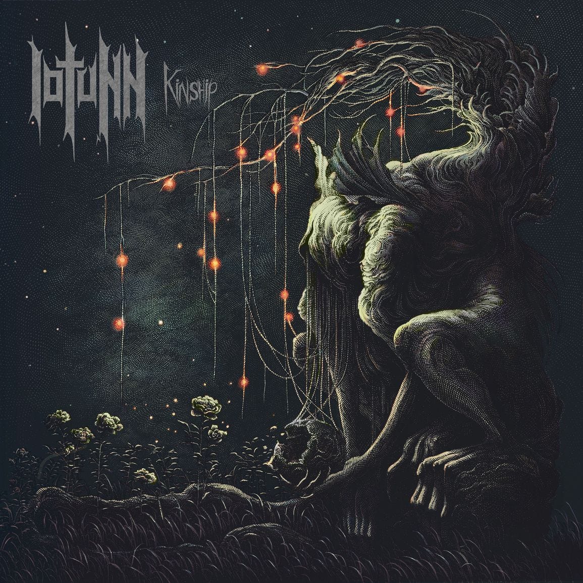 Albumcover von Iotunn. Vor einem schwarzen Hintergrund sitzt eine humanoide, prähistorische Figur unter einem Baum