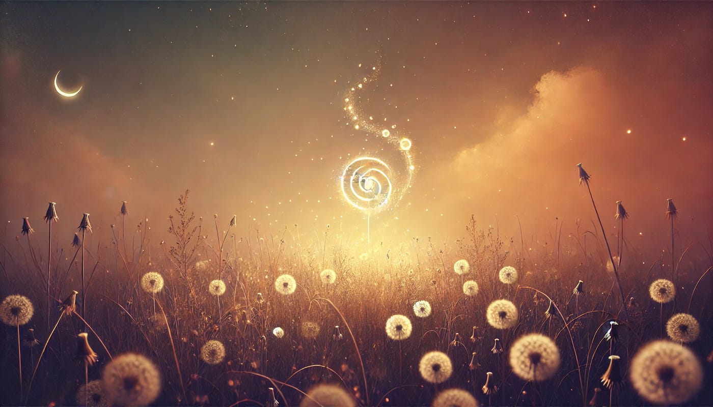 A field of dandelions glowing in soft golden light. A swirl of light rises in the centre, with a crescent moon and tiny stars in the sky. The scene feels peaceful and hopeful, symbolising resilience and transformation.