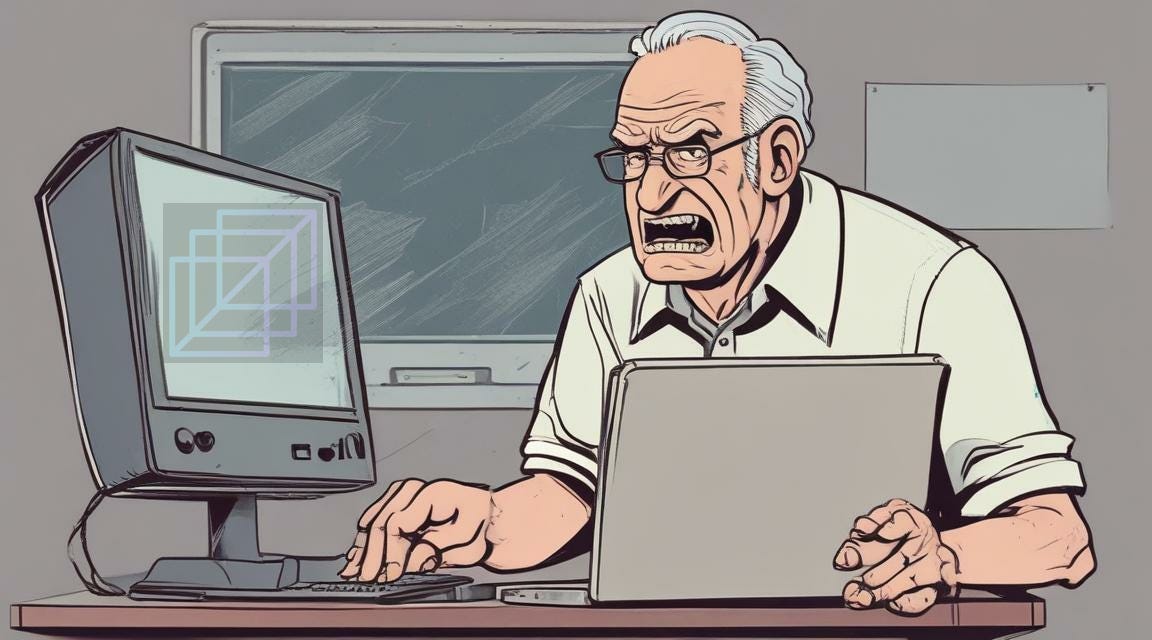An AI Generated image of an older man getting angry with his computer An AI Generated image of an older man getting angry with his computer