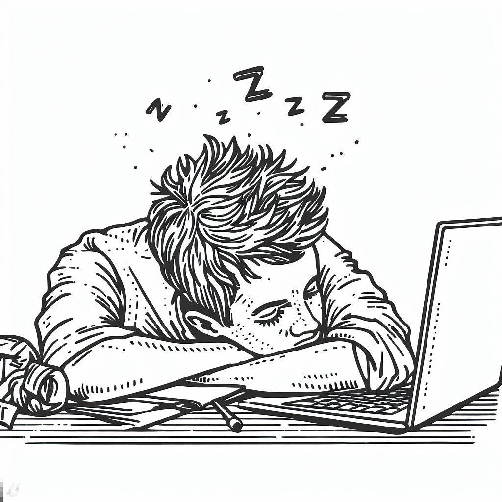 line art tired writer asleep with head head lying on a desk with a laptop open in front of him line art tired writer asleep with head head lying on a desk with a laptop open in front of him