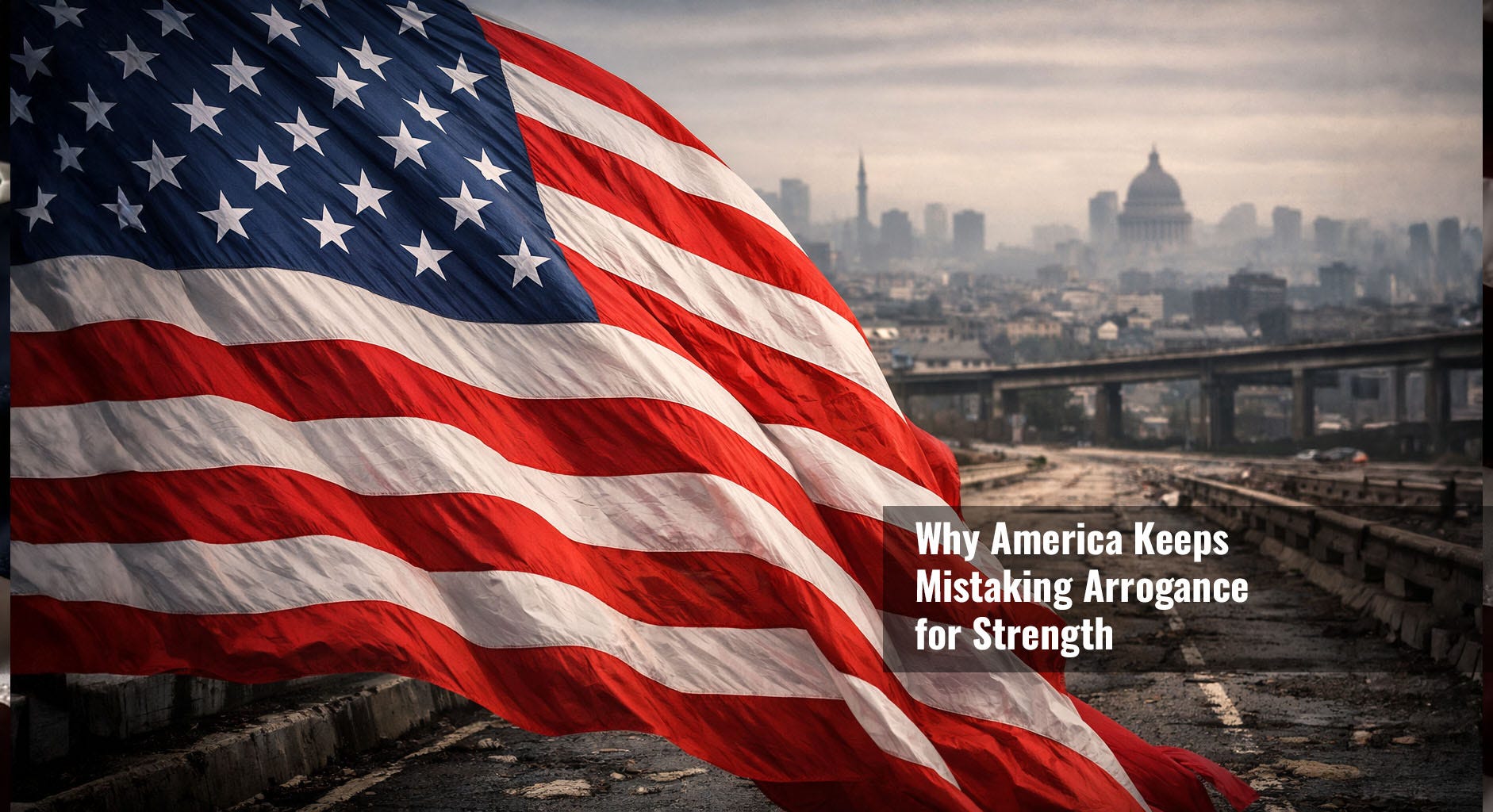 A large American flag fills the foreground, brightly lit and sharply detailed, while cracked roads, aging infrastructure, and a hazy city skyline fade into the background, symbolizing loud national pride overshadowing deeper structural decline.