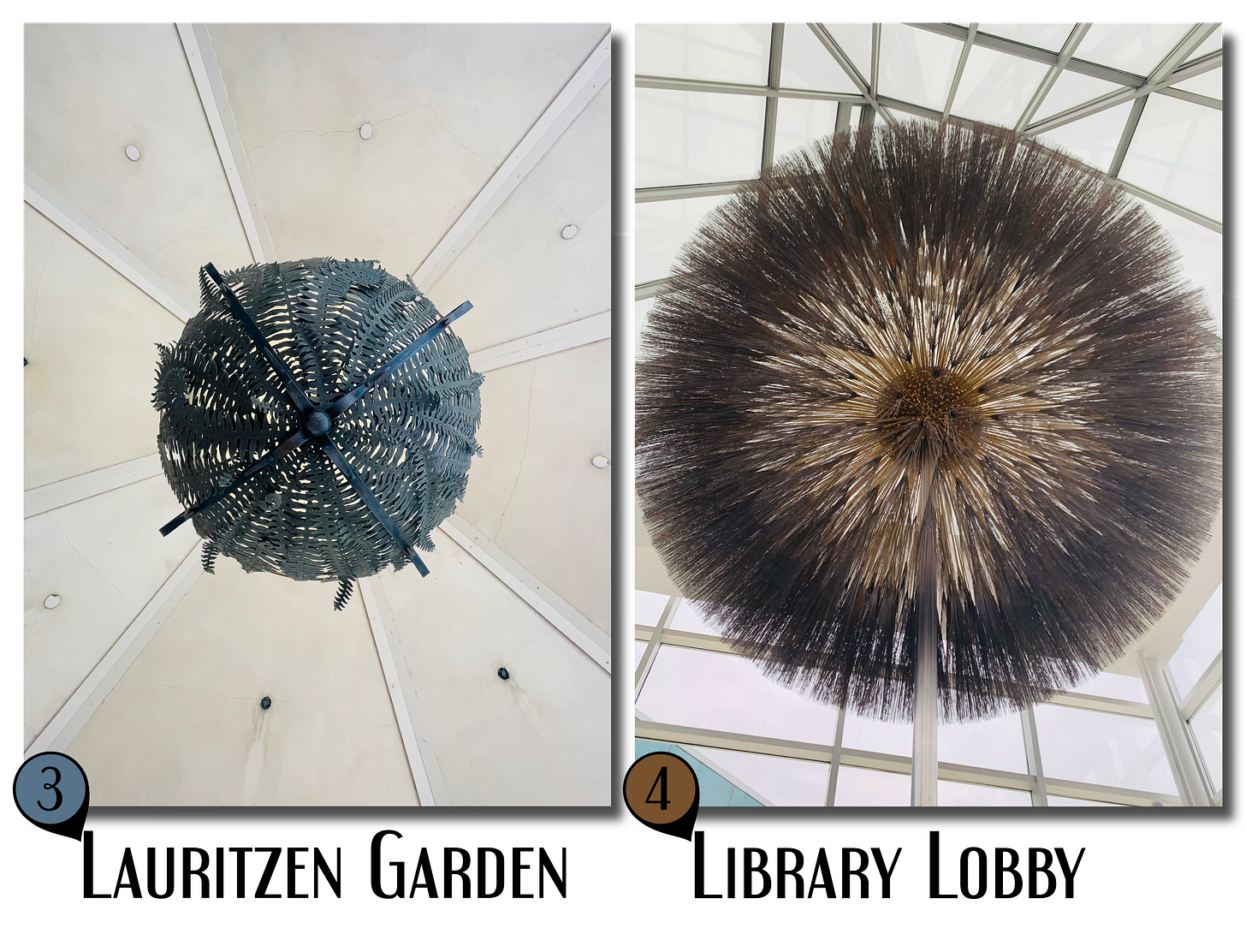 Two ceiling sculptures. Left: a woven metal orb with metal leaves at Lauritzen Gardens. Right: a massive bronze burst sculpture suspended in an Omaha library lobby.