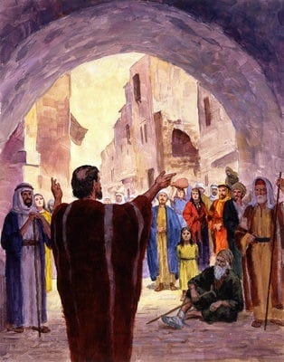 Peter stands with his back to the viewer, arms outstretched as he speaks to a small crowd. Among this crowd are women and men wearing different kinds of clothing, a disabled person, and a child Peter stands with his back to the viewer, arms outstretched as he speaks to a small crowd. Among this crowd are women and men wearing different kinds of clothing, a disabled person, and a child