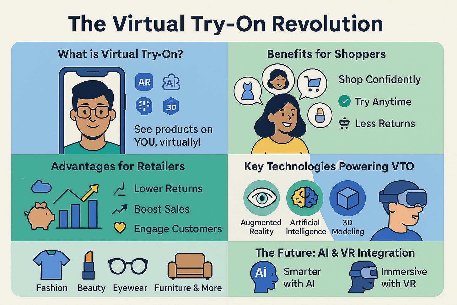 Infographic illustrating how virtual try-on technology is revolutionizing online shopping. Key sections cover AR technology foundations, customer benefits like reduced returns and increased conversions, AI-powered personalization, VR integration, and future trends in digital retail. Features modern flat icons related to augmented reality, e-commerce, and innovative shopping experiences