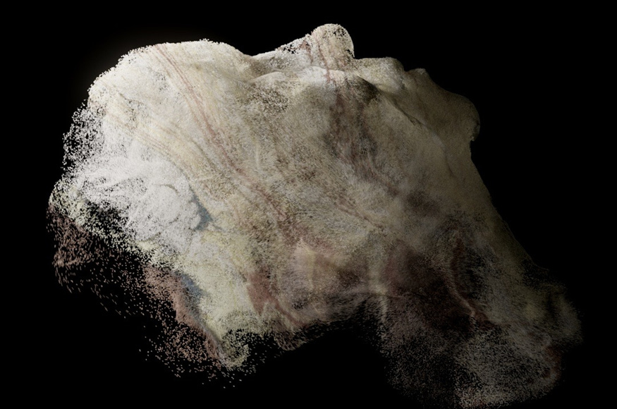 3D human head tilted back made out of white digital particles on a black background