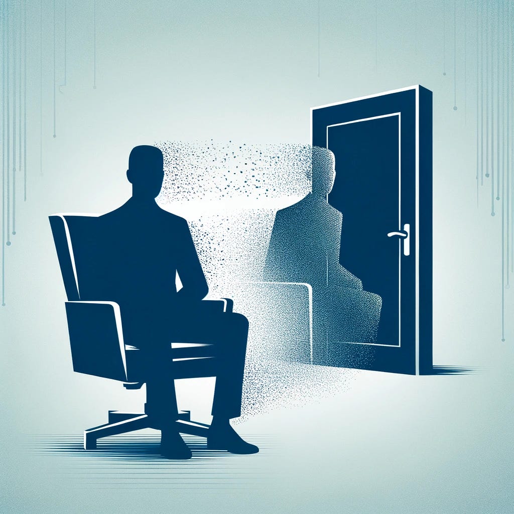 Create a clean and aesthetically pleasing image that represents the concept of the departure of founders and executives from a company after an IPO. The image should depict an abstract or symbolic representation of leadership transition, such as an empty executive chair, a fading silhouette of a person, or a door symbolizing exit or change. The style should be minimalistic and sophisticated, with a color palette that conveys a sense of departure, transition, and the future.
