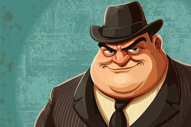 A cartoon character in a black suit and hat with a mischievous grin against a textured teal background. Credit: Sergio-stock.adobe.com