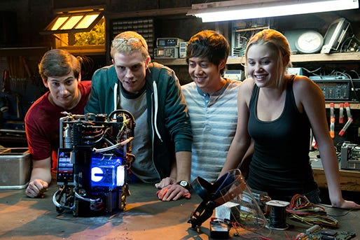 From left, Sam Lerner, Jonny Weston, Allen Evangelista and Amy Landecker star in "Project Almanac," a 2015 Paramount Pictures release produced by Michael Bay. From left, Sam Lerner, Jonny Weston, Allen Evangelista and Amy Landecker star in "Project Almanac," a 2015 Paramount Pictures release produced by Michael Bay.
