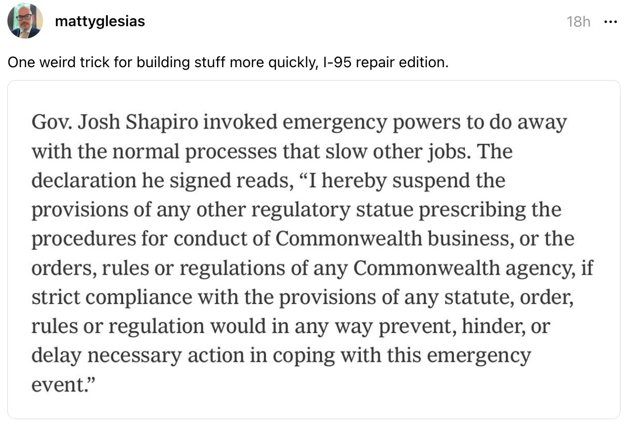 mattyglesias 18h One weird trick for building stuff more quickly, I-95 repair edition. mattyglesias 18h One weird trick for building stuff more quickly, I-95 repair edition.