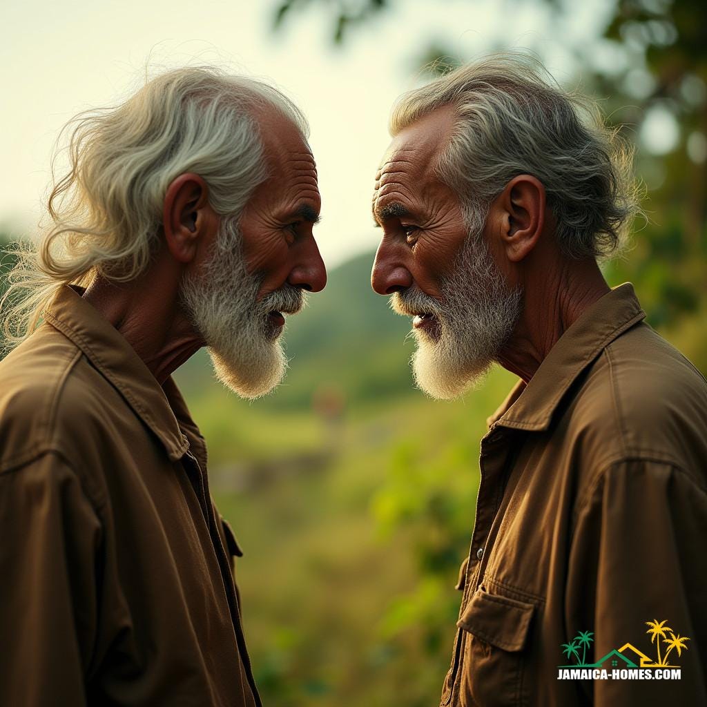 Two elderly, wise black landowners, dressed in worn, earth-toned clothing and wide-brimmed straw hats, stand proudly on their respective Jamaican farms, separated by a rolling hill and a lush, green valley.