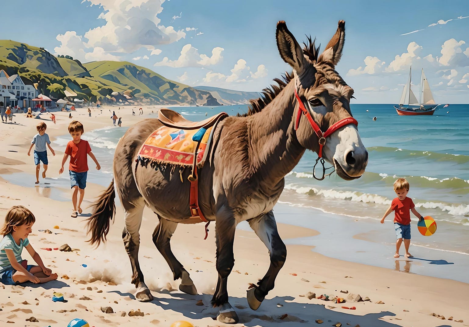A donkey on a beach with children playing by the sea