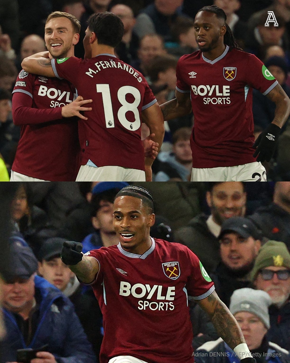 Top: Jarrod Bowen (C) celebrates with teammates after scoring the opening goal during the English Premier League football match between Chelsea and West Ham United at Stamford Bridge.
Bottom: Crysencio Summerville celebrates after scoring their second goal during the English Premier League football match between Chelsea and West Ham United at Stamford Bridge Top: Jarrod Bowen (C) celebrates with teammates after scoring the opening goal during the English Premier League football match between Chelsea and West Ham United at Stamford Bridge.
Bottom: Crysencio Summerville celebrates after scoring their second goal during the English Premier League football match between Chelsea and West Ham United at Stamford Bridge