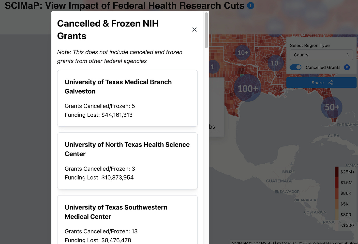 Cancelled and frozen NIH grants zoomed in near Galveston.