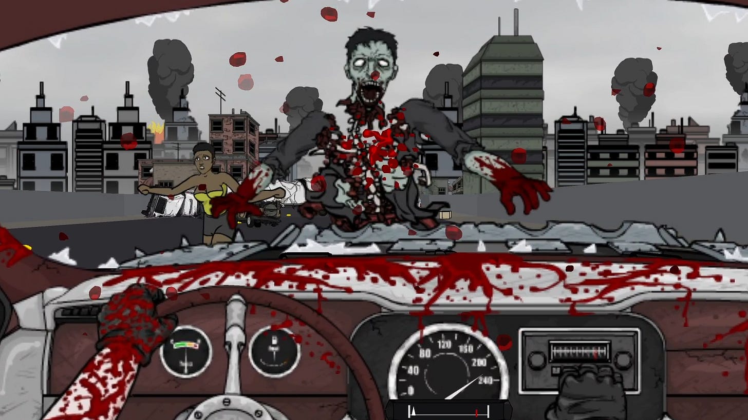 A zombie being ripped to pieces by a runaway car as civilians run away in the background