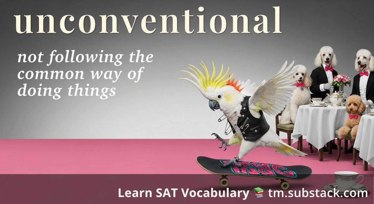 Punk cockatoo on a skateboard zooming past a formal poodle tea party—visual mnemonic for the word UNCONVENTIONAL.