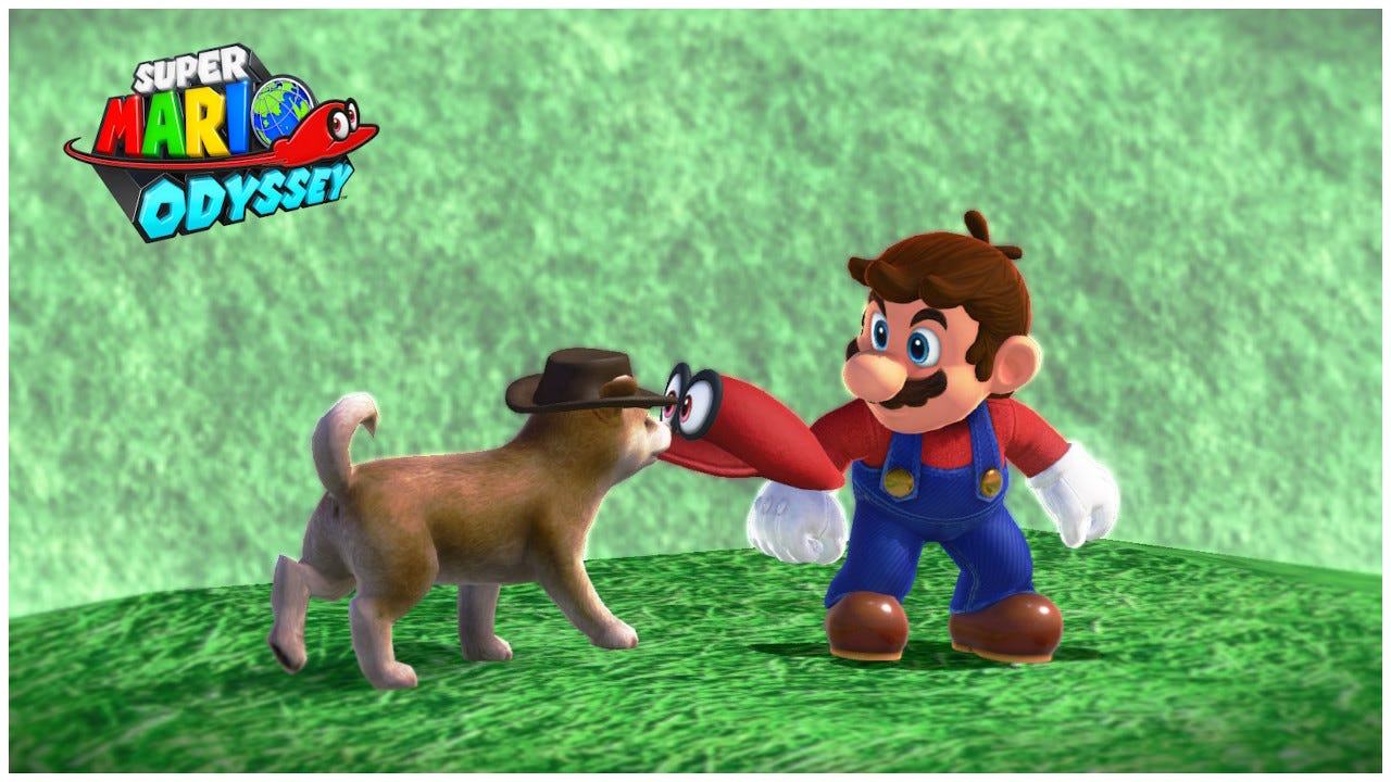 Mario looks at a Shiba Inu wearing a hat, who has Mario's hat Cappy in his mouth.