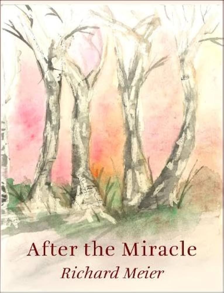 Watercolour of trees in grey against a background of pink, yellow and orange 