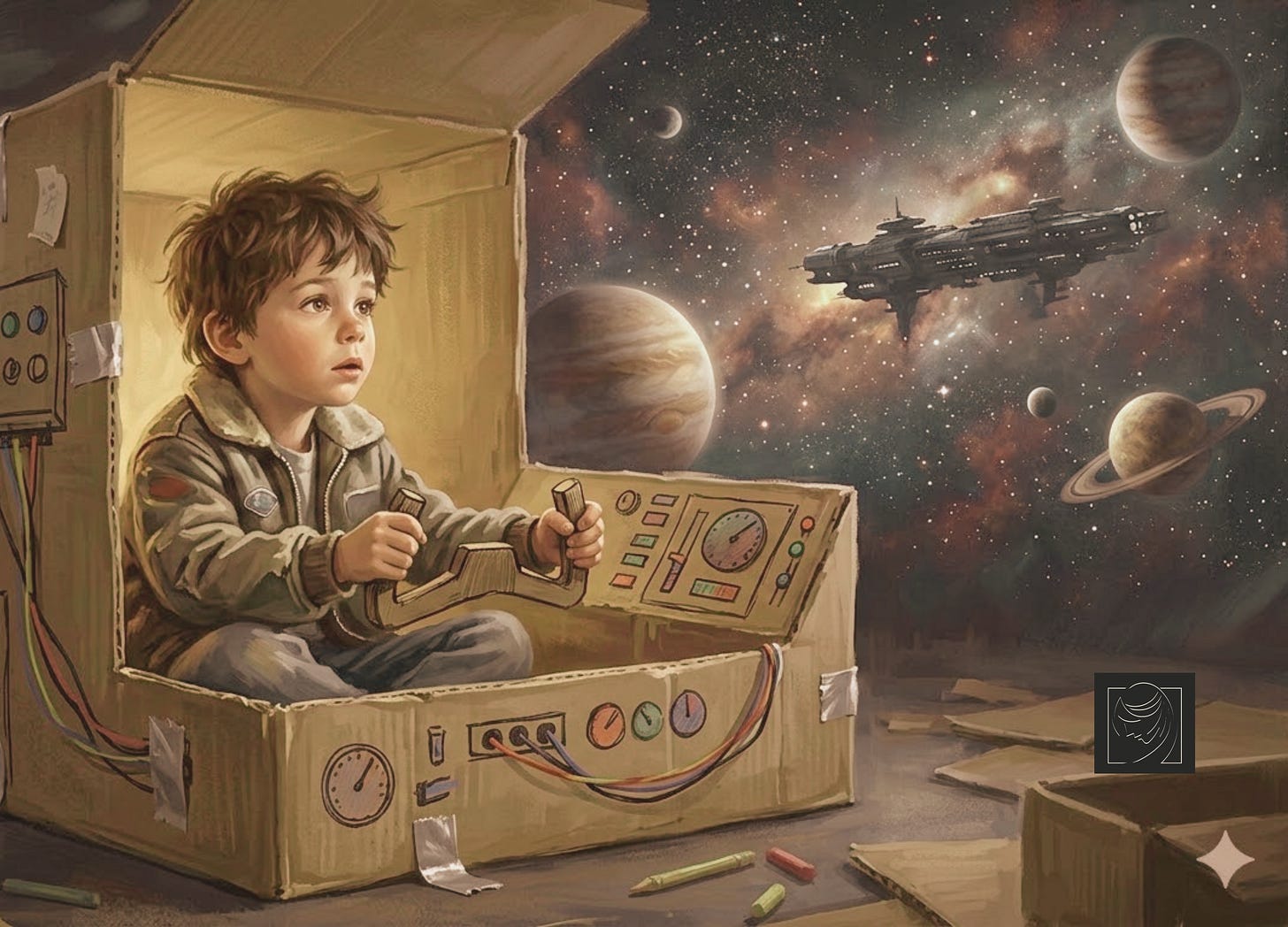 A boy in a cardboard box spaceship looking out at a cinematic galaxy; a visual metaphor for the limitless reach of human imagination. A boy in a cardboard box spaceship looking out at a cinematic galaxy; a visual metaphor for the limitless reach of human imagination.